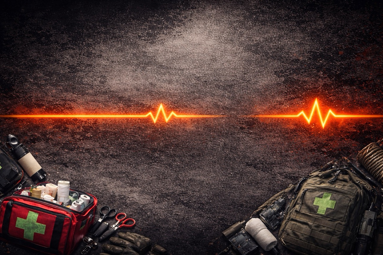 Two first aid kits with medical supplies are placed on a dark, textured surface in the lower corners. An orange ECG heartbeat line runs across the centre of the image, connecting the two kits.