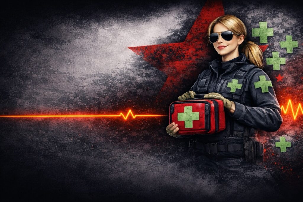 A woman wearing tactical gear and sunglasses holds a red first aid kit. Green medical cross symbols float around her, and a red star and an orange ECG line appear in the background.