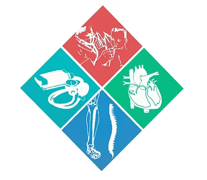 A diamond-shaped graphic divided into four coloured sections, each showing white outlines of medical images: a doctor with a child, a stethoscope, a heart, and a human leg with spine.