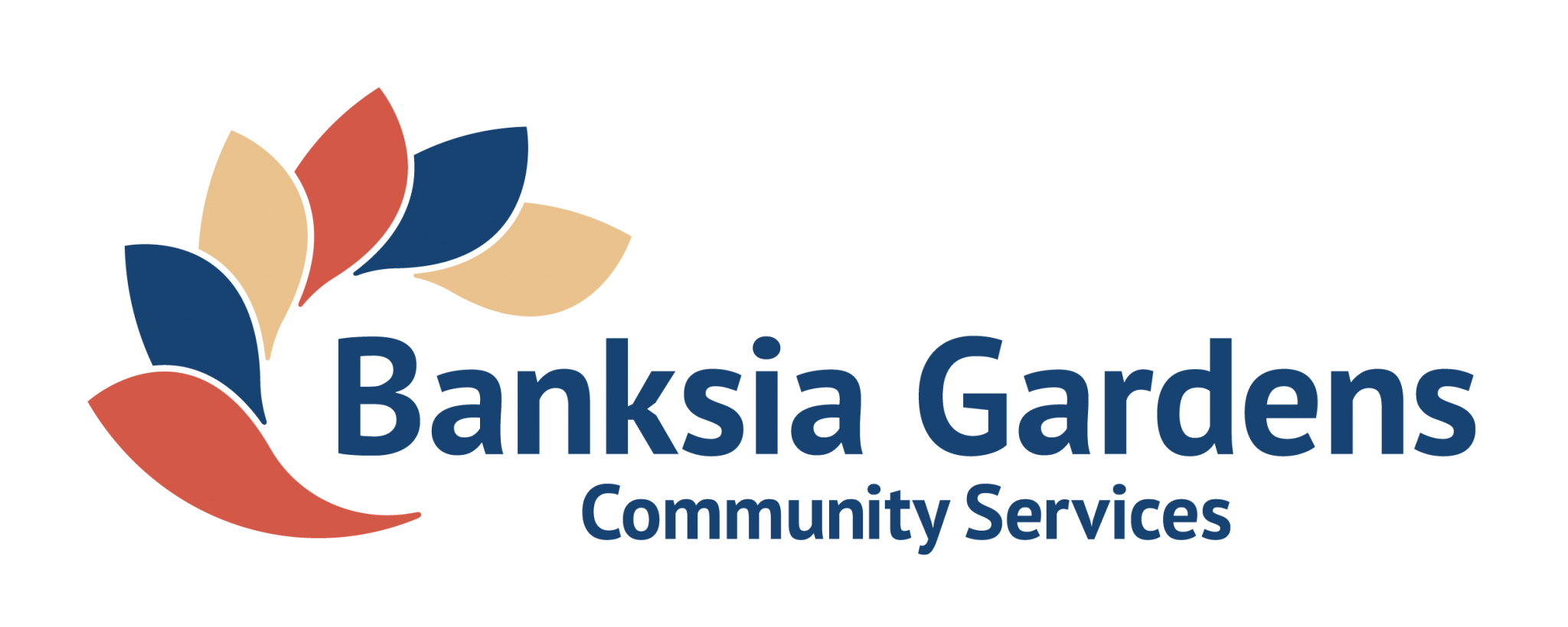 Logo of Banksia Gardens Community Services featuring five stylised leaf shapes in blue, red, and beige, arranged in a circular pattern, with the organisation’s name in bold blue text beside the leaves.