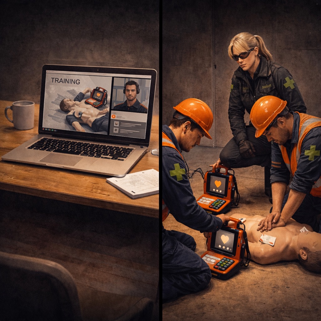 A split image shows, on the left, a laptop displaying CPR training with a defibrillator, and on the right, two workers and an instructor practising CPR on a manikin using a defibrillator.