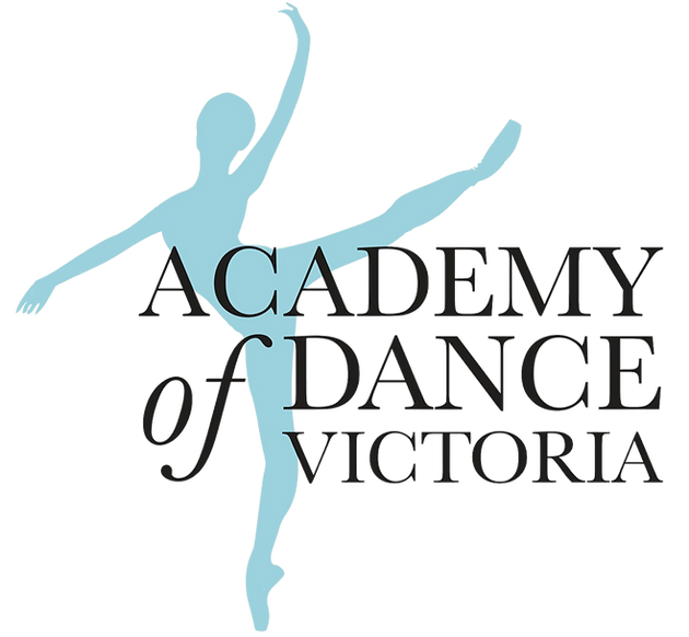 Logo of Academy of Dance Victoria featuring a light blue silhouette of a dancer performing an arabesque behind bold, black text that reads Academy of Dance Victoria.