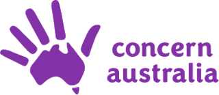 A purple handprint with the shape of Australia in the palm, next to the purple text concern australia on a light background.
