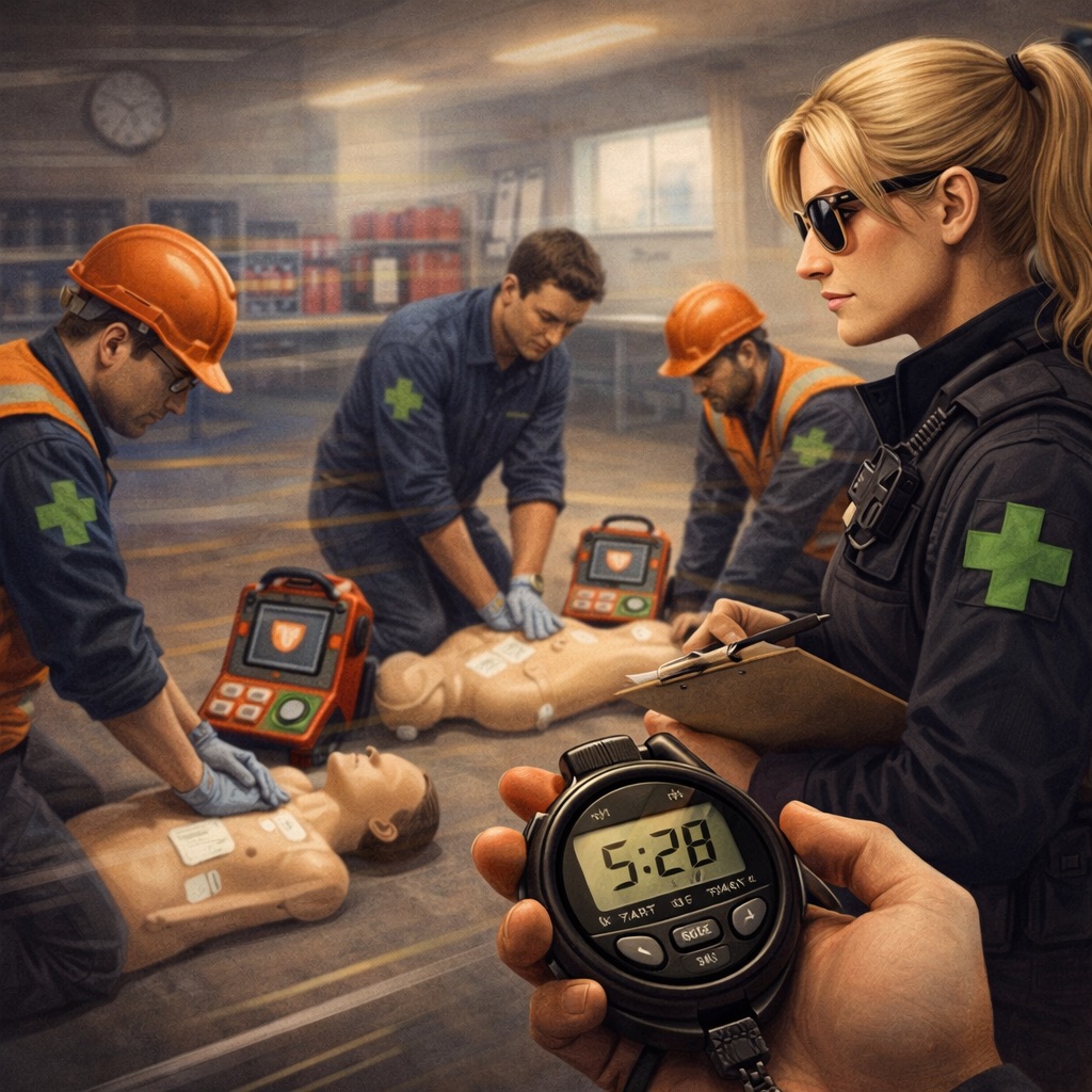 Three workers in safety gear practise CPR on mannequins using defibrillators, while a woman in uniform observes and takes notes. A hand holds a stopwatch showing 5:28 in the foreground. The setting is an indoor training room.