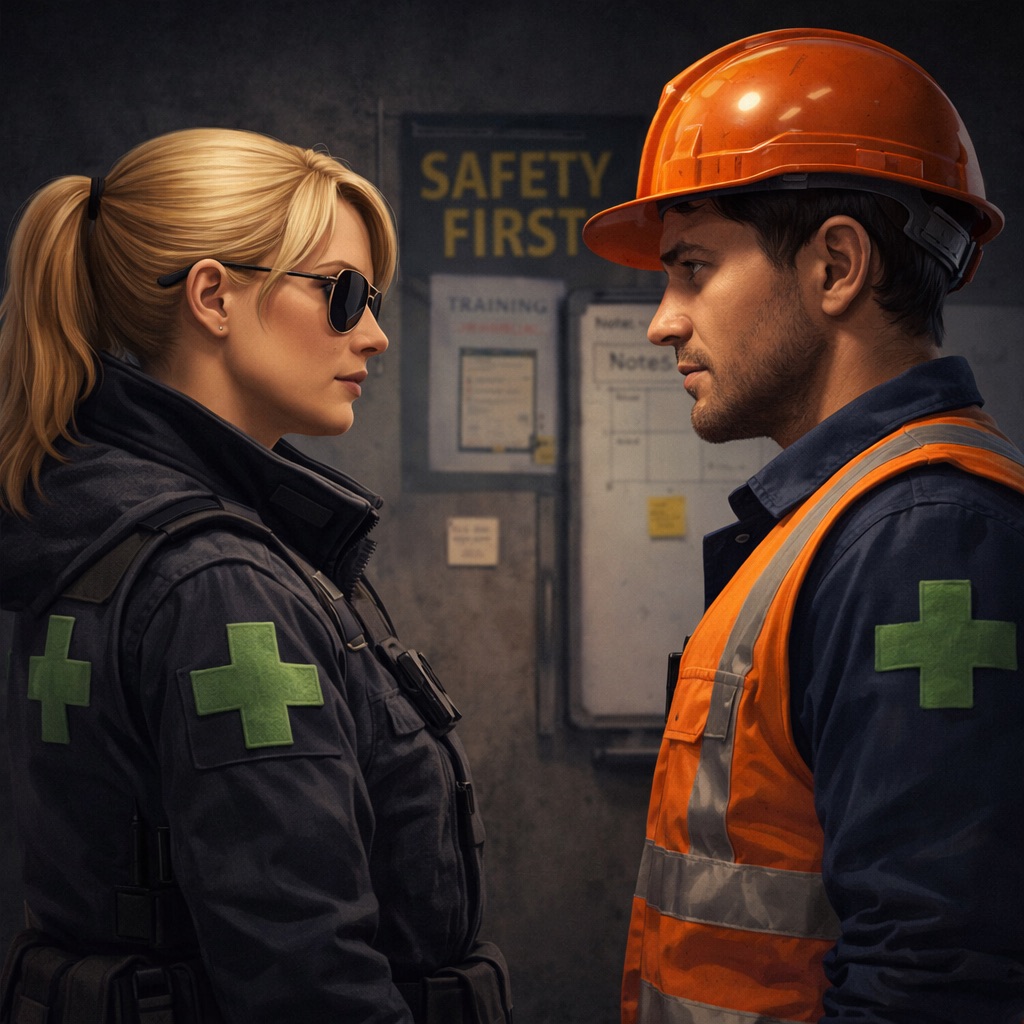 A woman in a security uniform and sunglasses faces a man in a safety vest and orange hard hat. Both have green medical crosses on their sleeves. A Safety First sign is visible on the wall behind them.