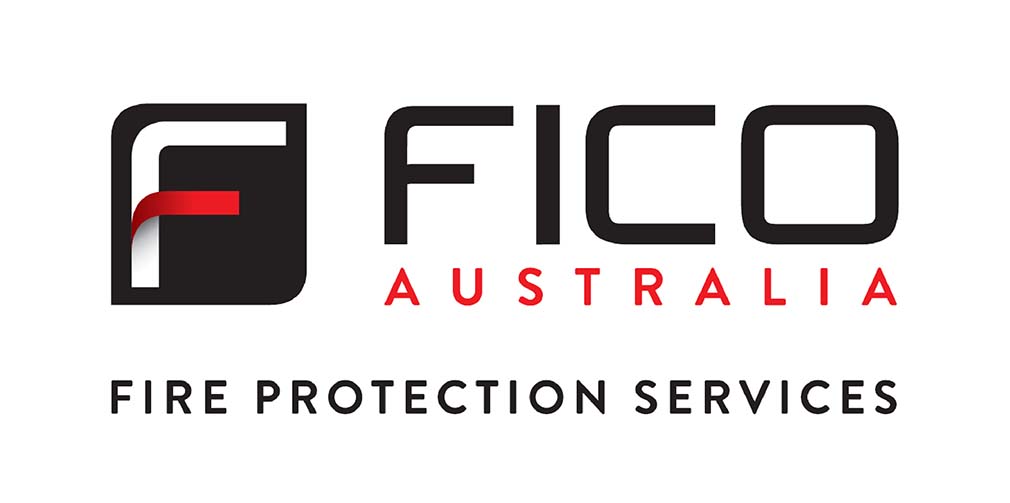 Logo for FICO Australia, featuring a stylised F in a black square with a red accent, the company name in bold black and red letters, and the words Fire Protection Services below.