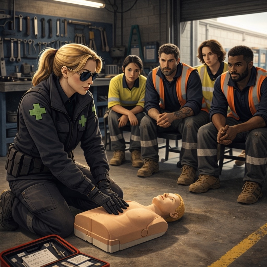 A paramedic demonstrates CPR on a training manikin to four workers in safety vests, seated and watching attentively in a workshop setting with tools and equipment visible in the background.