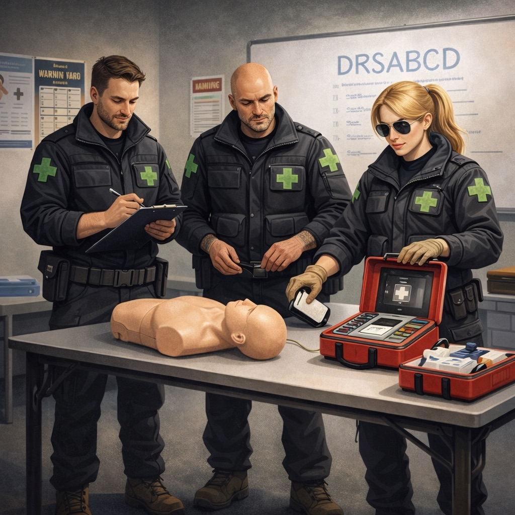 Three paramedics in uniform practise a medical procedure on a training manikin, using emergency equipment and taking notes, in a classroom setting with medical posters on the wall.