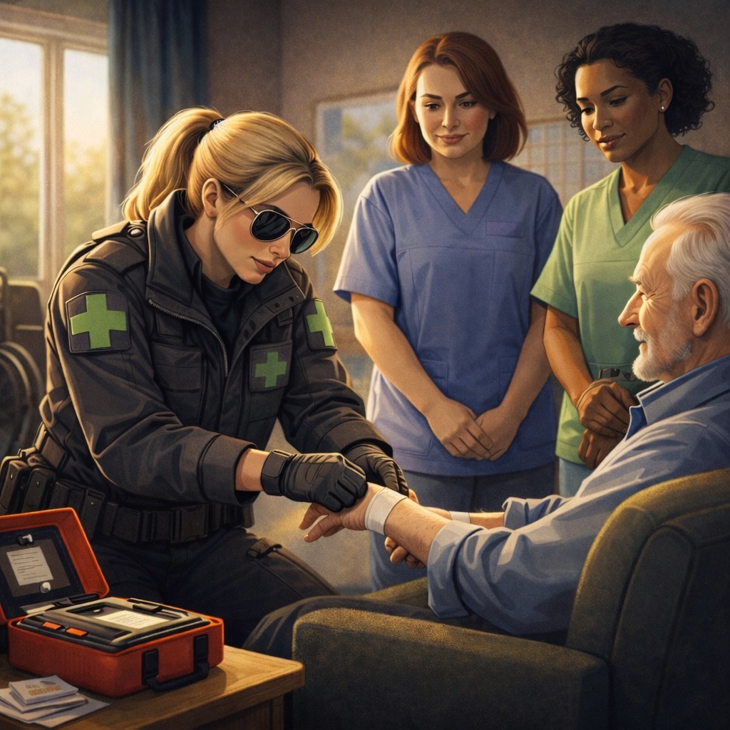 A female paramedic in uniform bandages an elderly man's wrist, whilst two nurses in scrubs observe in a warmly lit sitting room. Medical supplies are visible on a nearby table.