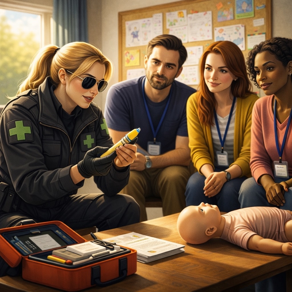 A paramedic in uniform demonstrates an EpiPen on an infant CPR manikin to three attentive adults in a classroom setting, with medical equipment and instructional papers on the table.