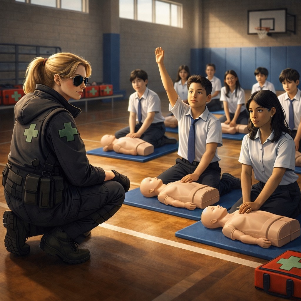 A police officer in uniform kneels in a gymnasium, teaching CPR to a group of students practising on manikins; one student raises his hand to ask a question.
