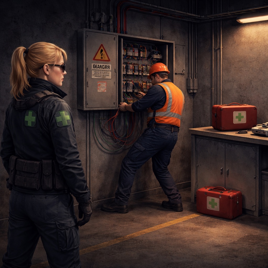 A worker in an orange safety vest repairs an open electrical panel while a woman in a medical uniform with green crosses observes nearby; first aid kits are on a counter beside them.