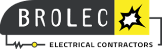 Logo for BROLEC Electrical Contractors, featuring the name in bold letters with a yellow square and black-and-white burst design, plus an electrical wire graphic underneath.