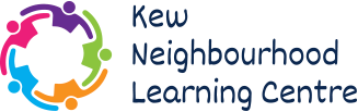 Logo for Kew Neighbourhood Learning Centre. It features colourful abstract figures forming a circular shape on the left, with the centre's name in dark blue text on the right.