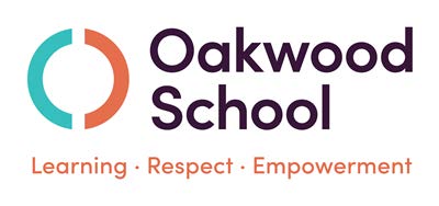 Oakwood School logo with a teal and orange circular icon on the left. The text reads Oakwood School in dark letters, and below in orange: Learning · Respect · Empowerment.