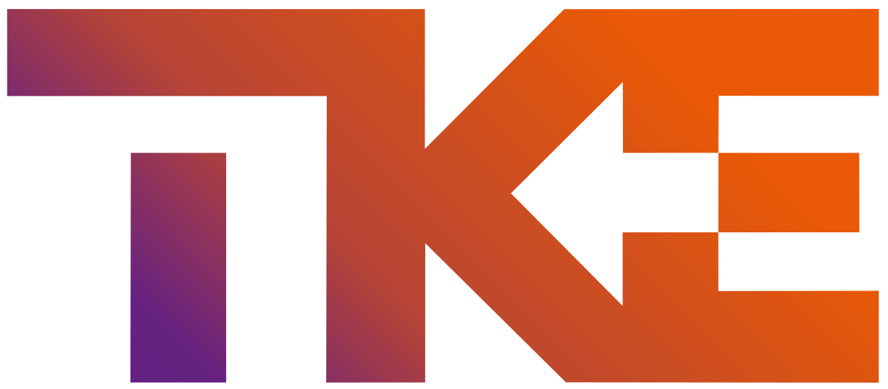 Large stylised letters TKE in a gradient colour from purple to orange, with a bold geometric design. The horizontal line of the K extends into an arrow pointing left, overlapping the E. White background.
