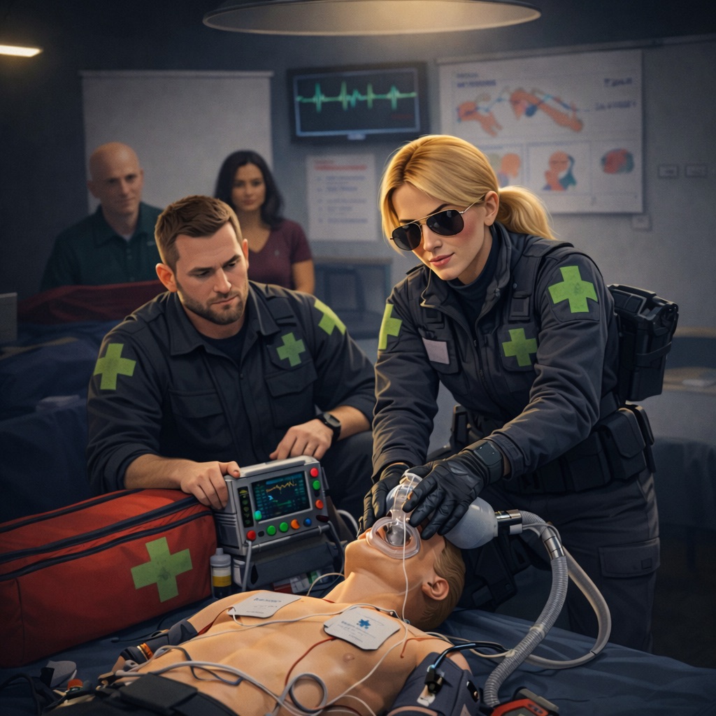 Two paramedics in uniform treat a patient on a hospital bed using medical equipment. One paramedic holds an oxygen mask over the patient's face while the other monitors vital signs. Medical staff and charts are visible in the background.