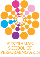 Logo of the Australian School of Performing Arts featuring a spiral of colourful circles in orange, purple, pink, and blue above the organisation’s name in orange capital letters.
