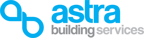 Logo for Astra Building Services. It features a blue abstract symbol to the left, with astra in large blue font and building services in smaller grey font underneath.