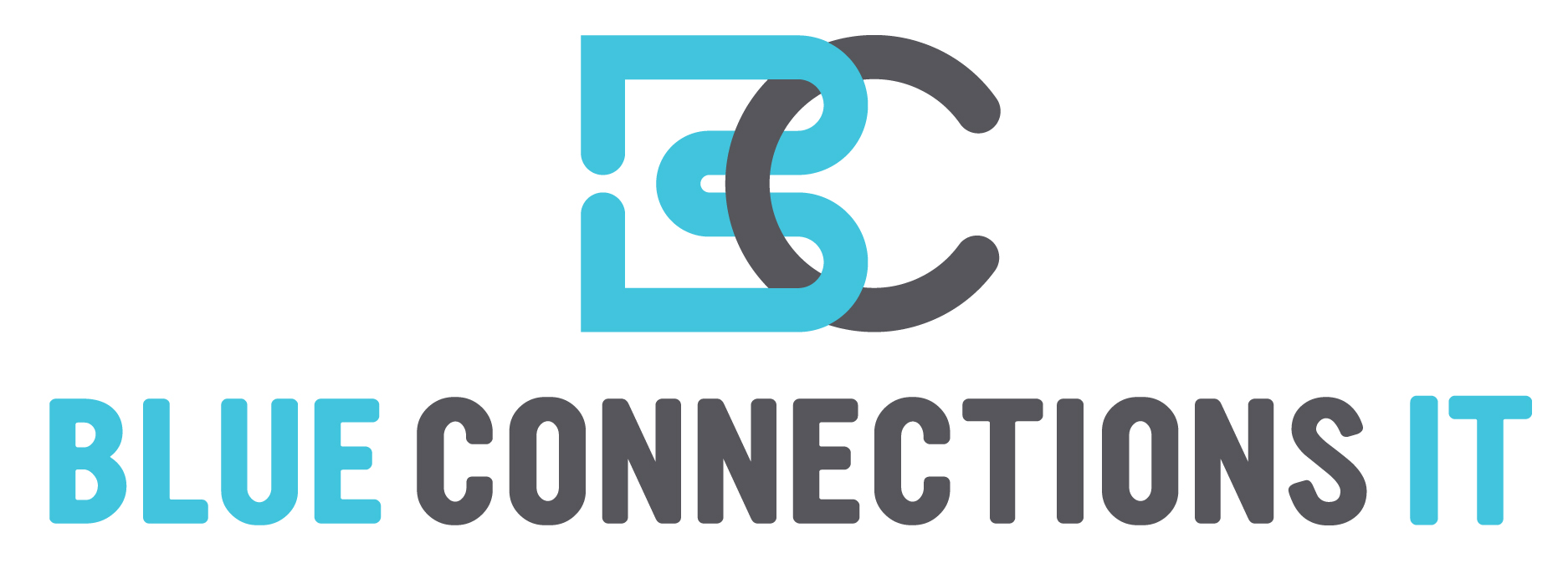 Logo featuring interlocking blue and grey letters B and C above the words BLUE CONNECTIONS IT, with BLUE and IT in blue and CONNECTIONS in grey, using bold, modern fonts.