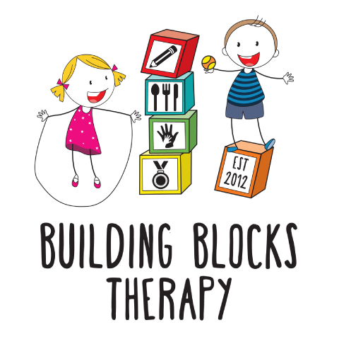 Illustration of a girl and boy smiling beside colourful stacked blocks with therapy-related icons and EST 2012. Text below reads BUILDING BLOCKS THERAPY.