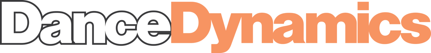 The logo displays the words Dance Dynamics. Dance is in a black outline, whilst Dynamics is in bold orange letters, both using a modern sans-serif font.