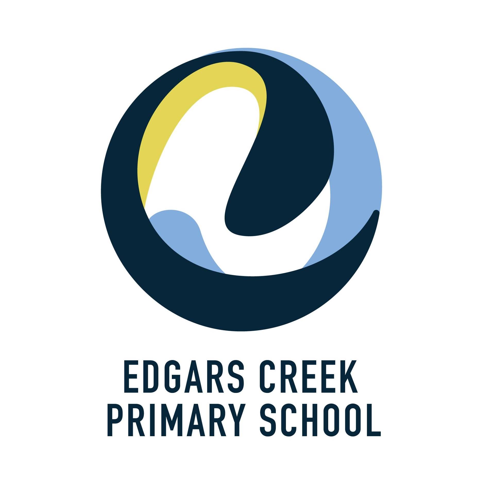 Edgars Creek Primary School logo featuring abstract shapes in dark blue, light blue, white, and yellow forming a circular design above the school name in bold capital letters.