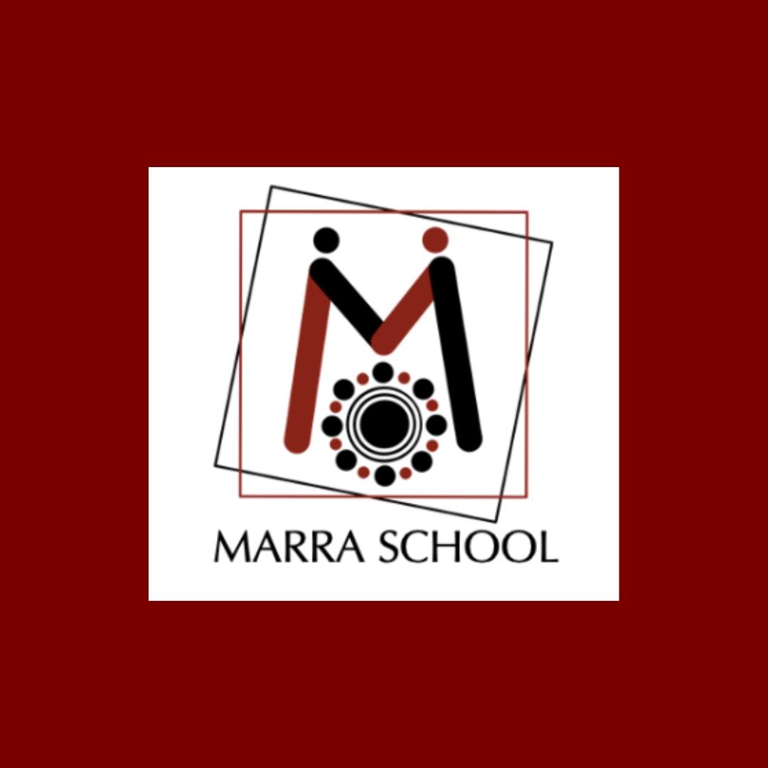 Logo for Marra School featuring a stylised letter M formed by black and red lines and dots, with a circular dot pattern below. The logo is set against a white background with overlapping squares.