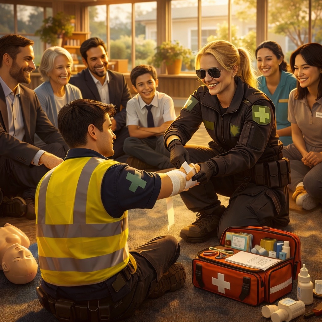A female paramedic demonstrates first aid on a colleague’s arm, surrounded by smiling adults and children in a sunlit room with medical supplies and a CPR manikin visible on the floor.