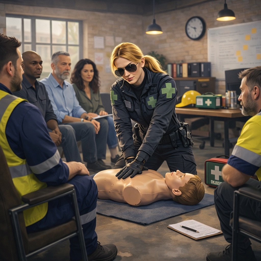 A paramedic demonstrates CPR on a manikin to a group of adults seated in a classroom setting, with first aid kits and safety equipment visible in the background.