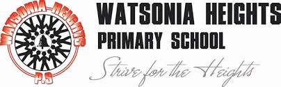 Logo for Watsonia Heights Primary School featuring a circular emblem with a bell and the school’s name, alongside the words “Watsonia Heights Primary School” and the motto “Strive for the Heights”.