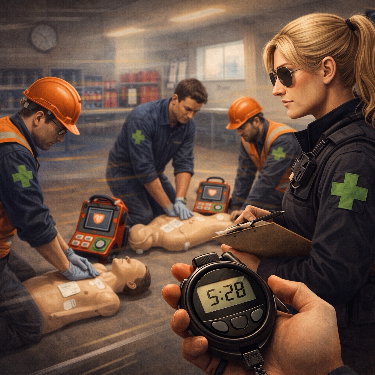 Three workers in safety gear practise CPR on mannequins using defibrillators, while a woman in uniform observes and takes notes. A hand holds a stopwatch showing 5:28 in the foreground. The setting is an indoor training room.