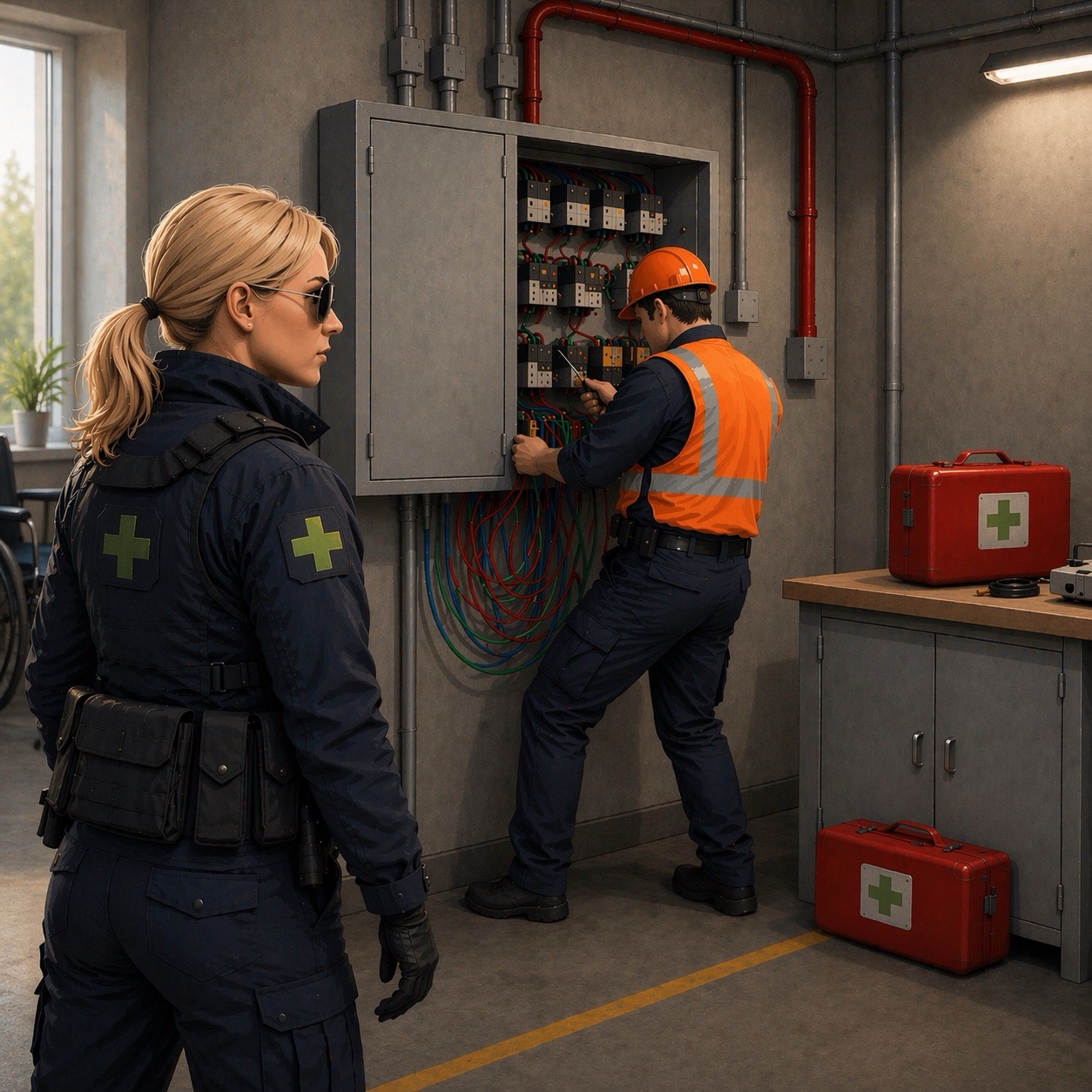 A worker in an orange safety vest repairs an open electrical panel while a woman in a medical uniform with green crosses observes nearby; first aid kits are on a counter beside them.