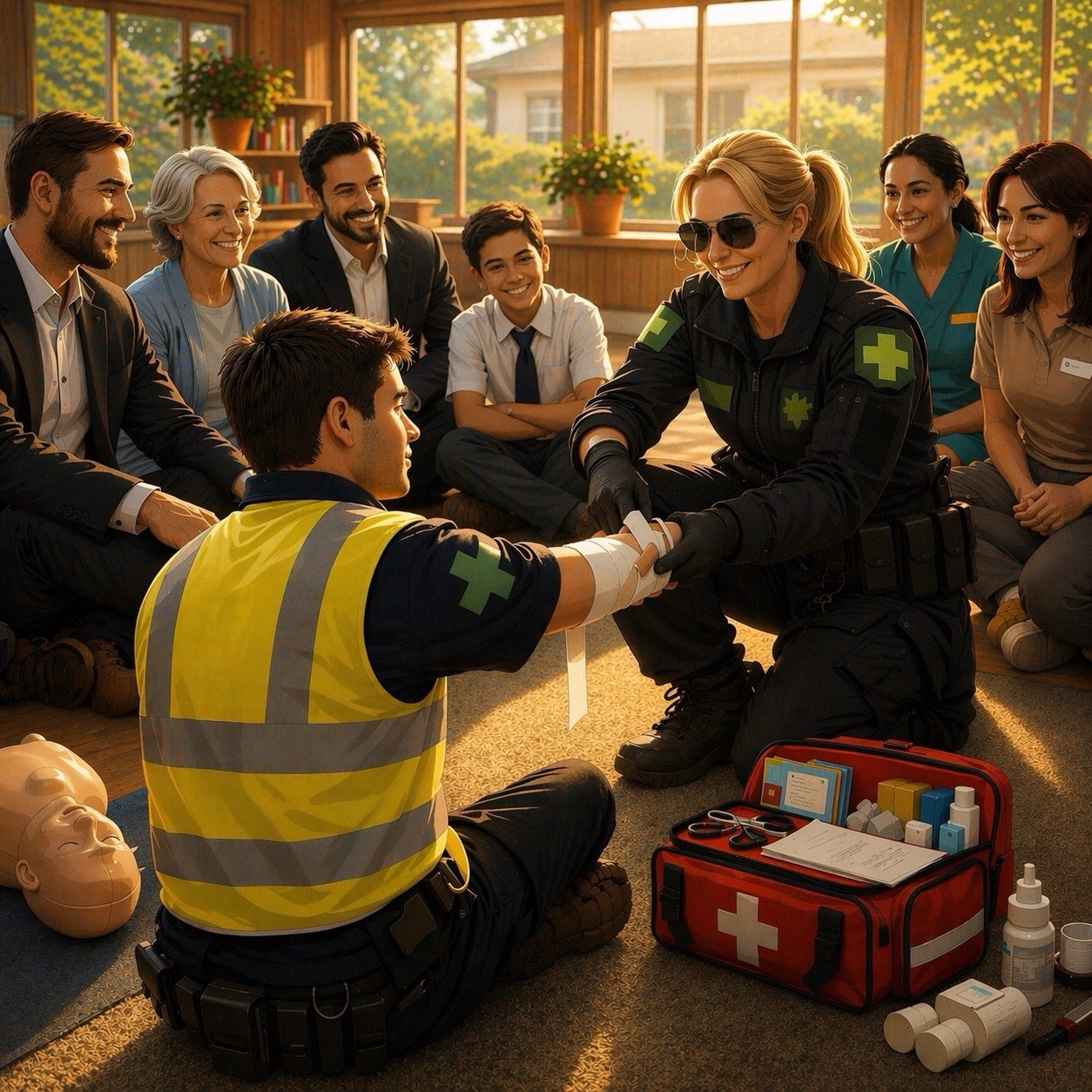 A female paramedic demonstrates first aid on a colleague’s arm, surrounded by smiling adults and children in a sunlit room with medical supplies and a CPR manikin visible on the floor.